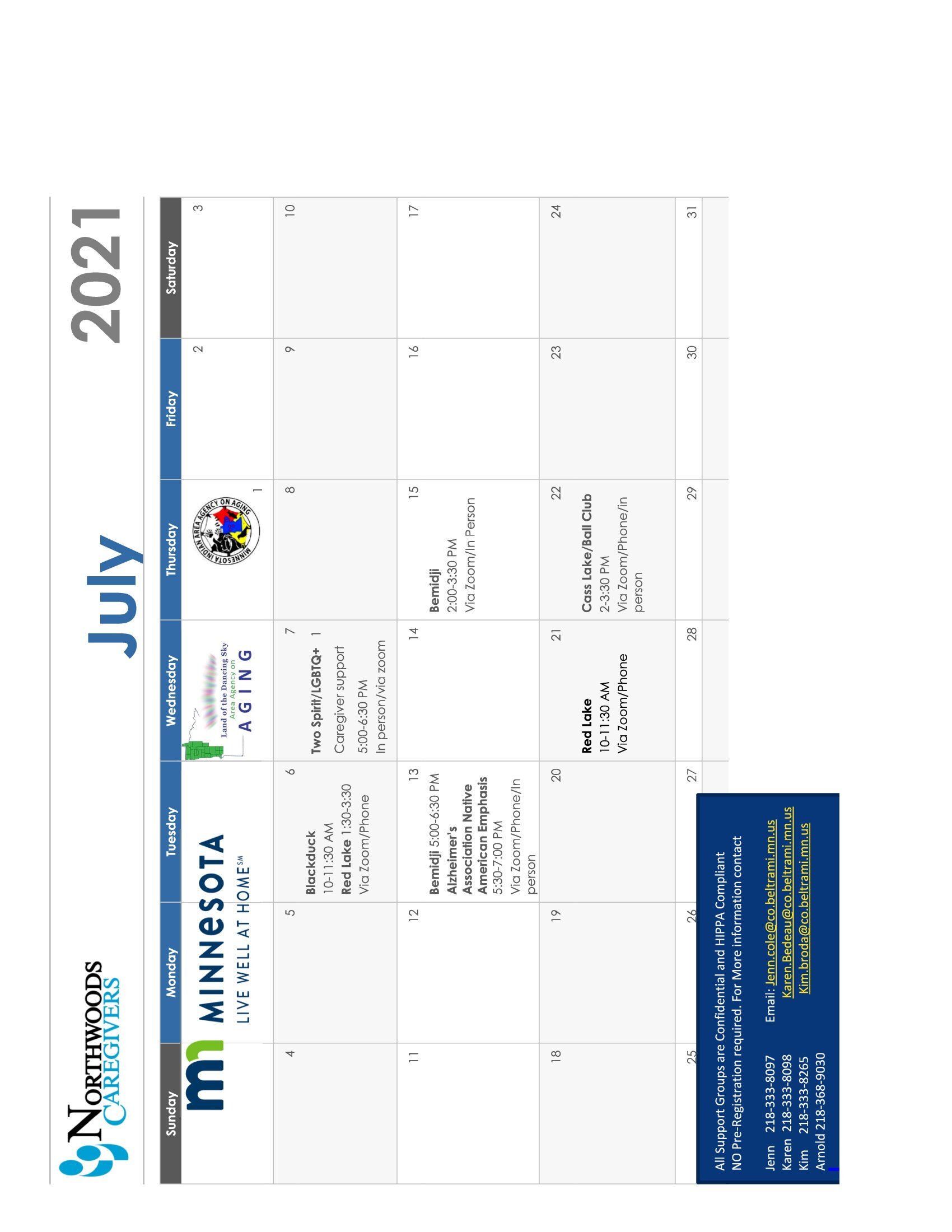 July 2021 CG support Groups Calendar
